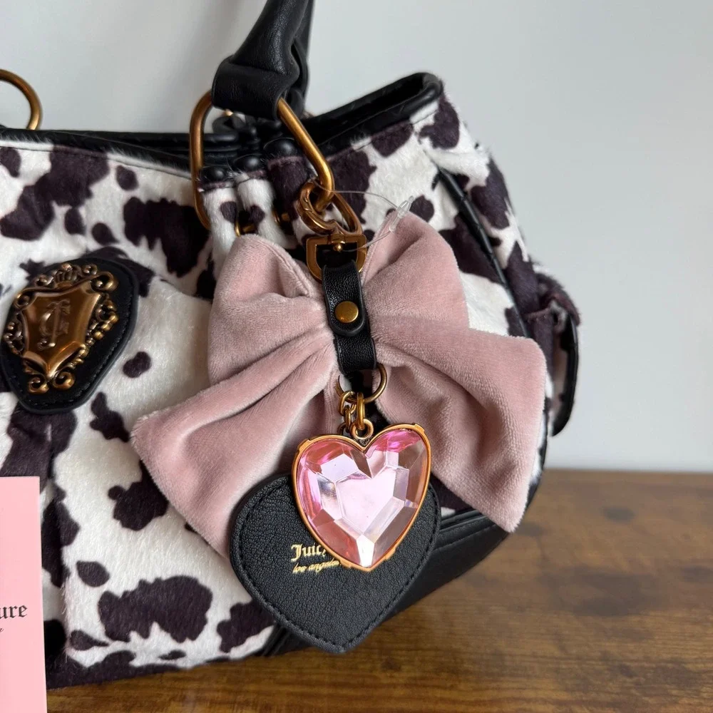 New Juicy Couture Romance Cow Satchel Shoulder Handbag Black Pink Bow Y2K Cute